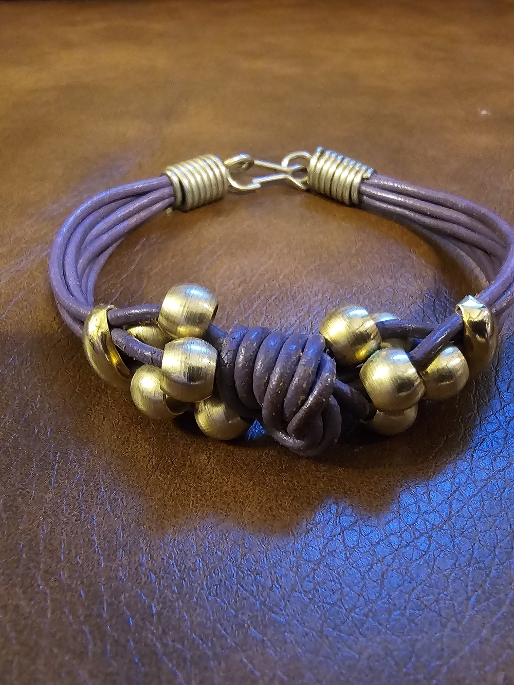 Vintage 90's Leather Cord Bracelet with Gold Beads - Women Accessories